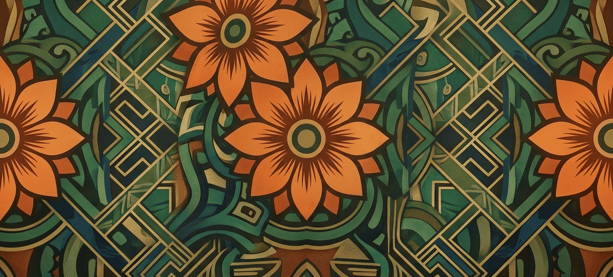 Diseño artístico con flores naranjas y patrones geométricos verdes y dorados.