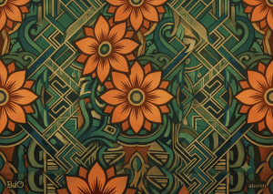 Diseño artístico con flores naranjas y patrones geométricos verdes y dorados.