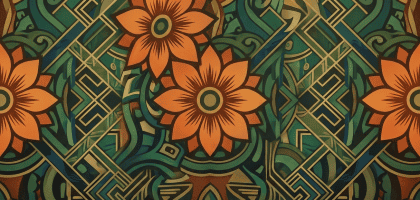 Diseño artístico con flores naranjas y patrones geométricos verdes y dorados.