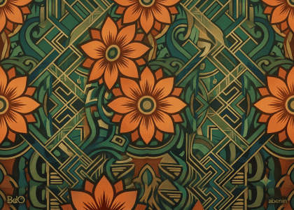 Diseño artístico con flores naranjas y patrones geométricos verdes y dorados.