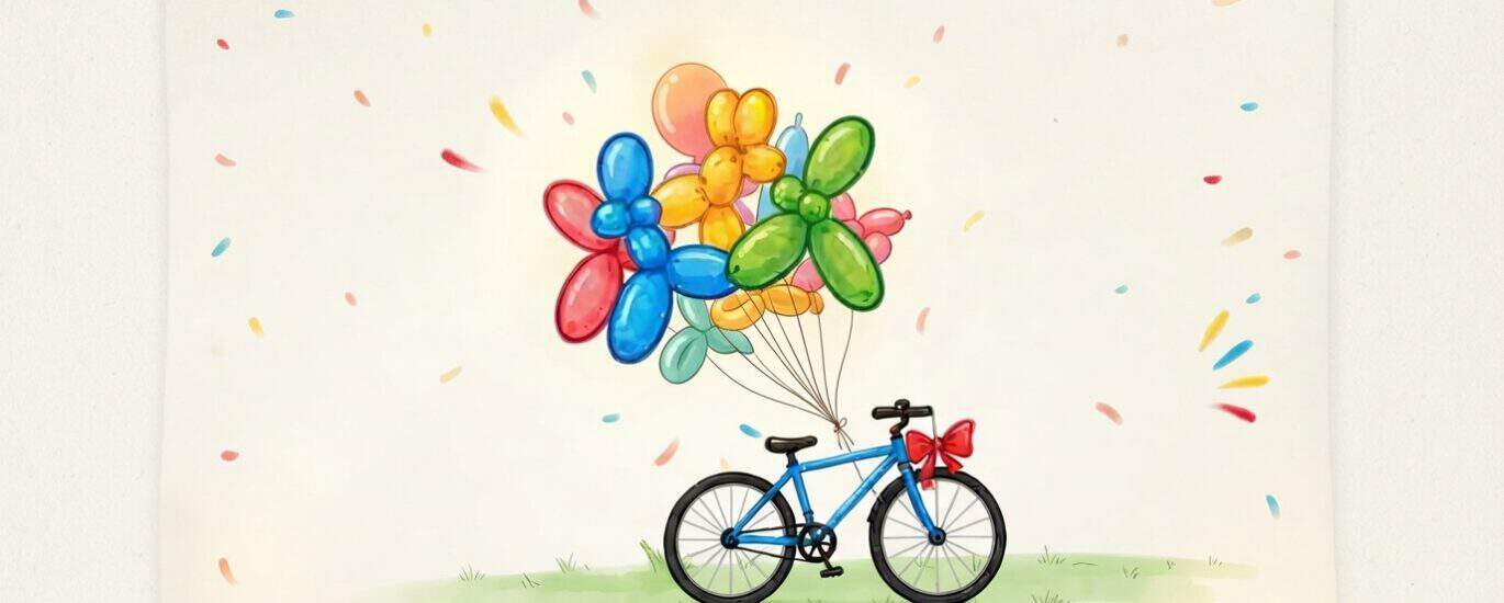 Bicicleta con globos de colores en fiesta solidaria para niños.