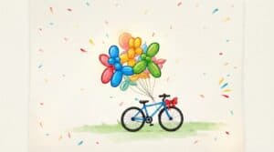 Bicicleta con globos de colores en fiesta solidaria para niños.