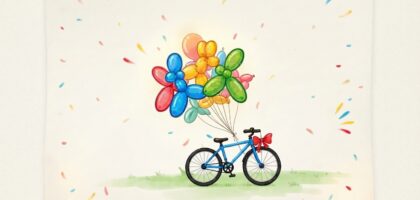 Bicicleta con globos de colores en fiesta solidaria para niños.