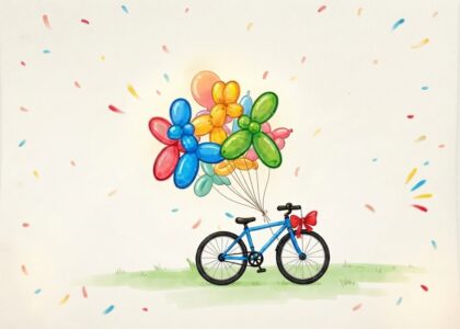 Bicicleta con globos de colores en fiesta solidaria para niños.